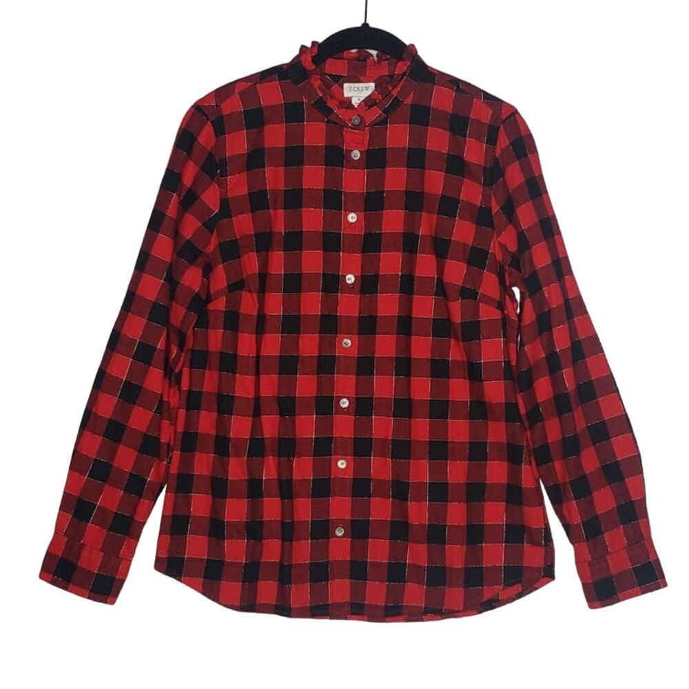 J. CREW Buffalo Plaid Flannel Top Ruffle Tartan Holiday Small Preppy Christmas